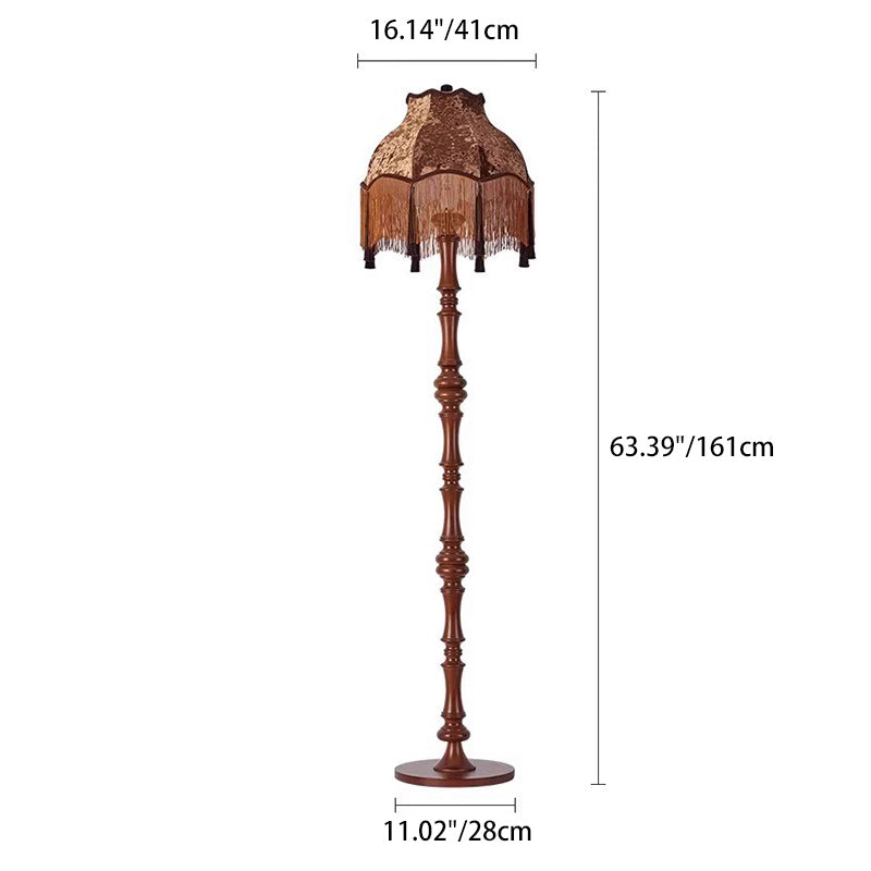 Traditional European Fabric Tassel Shade Solid Wood Rod 1-Light Standing Floor Lamp For Bedroom