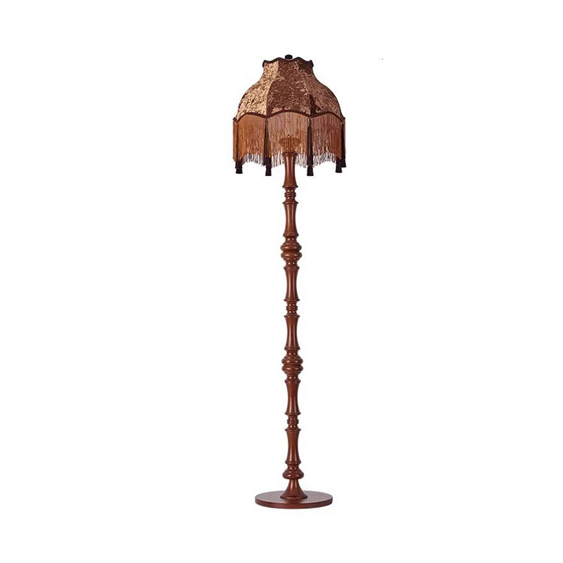 Traditional European Fabric Tassel Shade Solid Wood Rod 1-Light Standing Floor Lamp For Bedroom