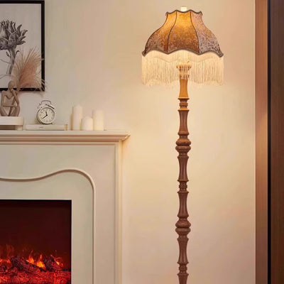 Traditional European Fabric Tassel Shade Solid Wood Rod 1-Light Standing Floor Lamp For Bedroom
