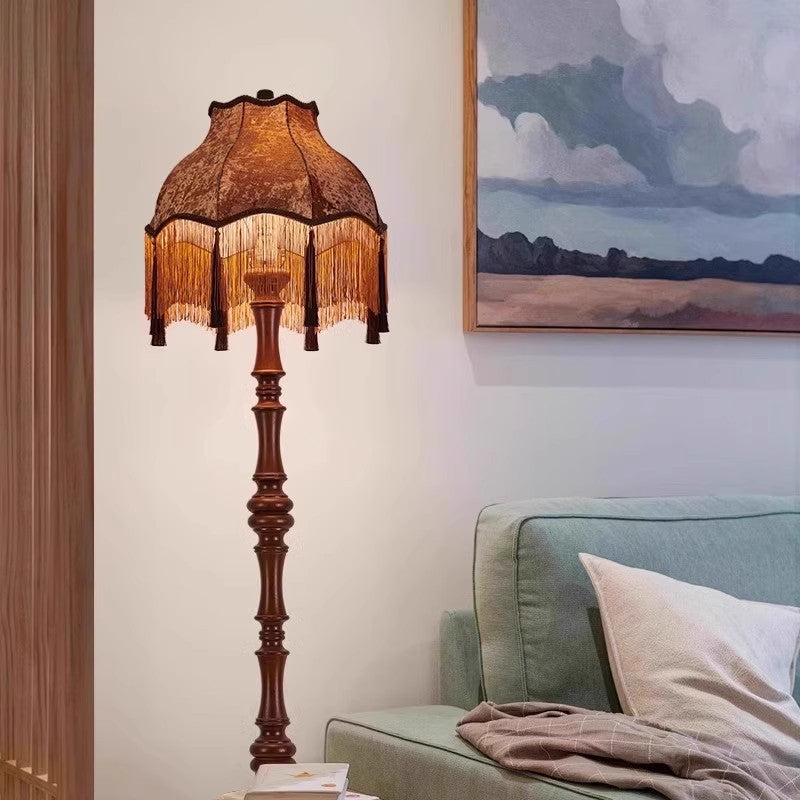 Traditional European Fabric Tassel Shade Solid Wood Rod 1-Light Standing Floor Lamp For Bedroom