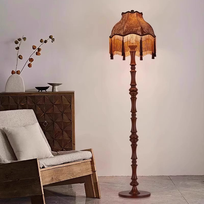Traditional European Fabric Tassel Shade Solid Wood Rod 1-Light Standing Floor Lamp For Bedroom