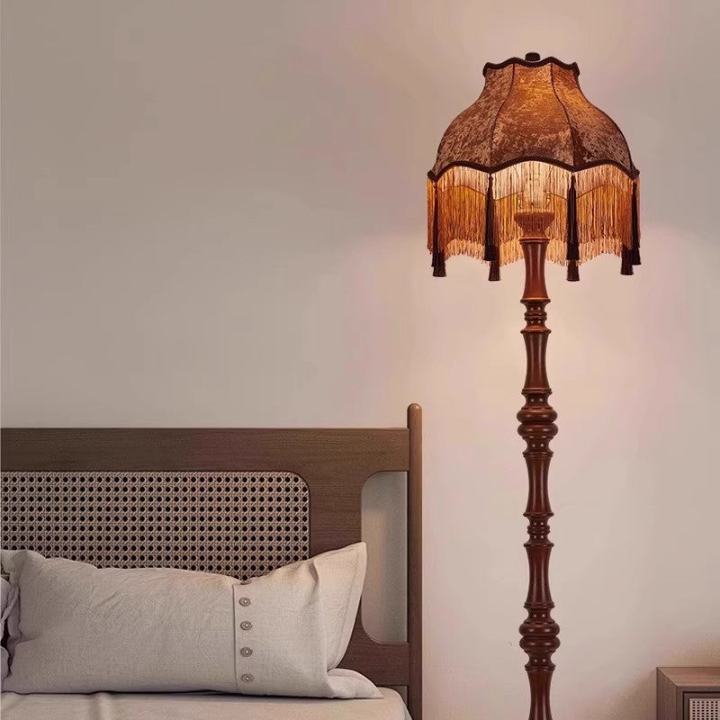 Traditional European Fabric Tassel Shade Solid Wood Rod 1-Light Standing Floor Lamp For Bedroom