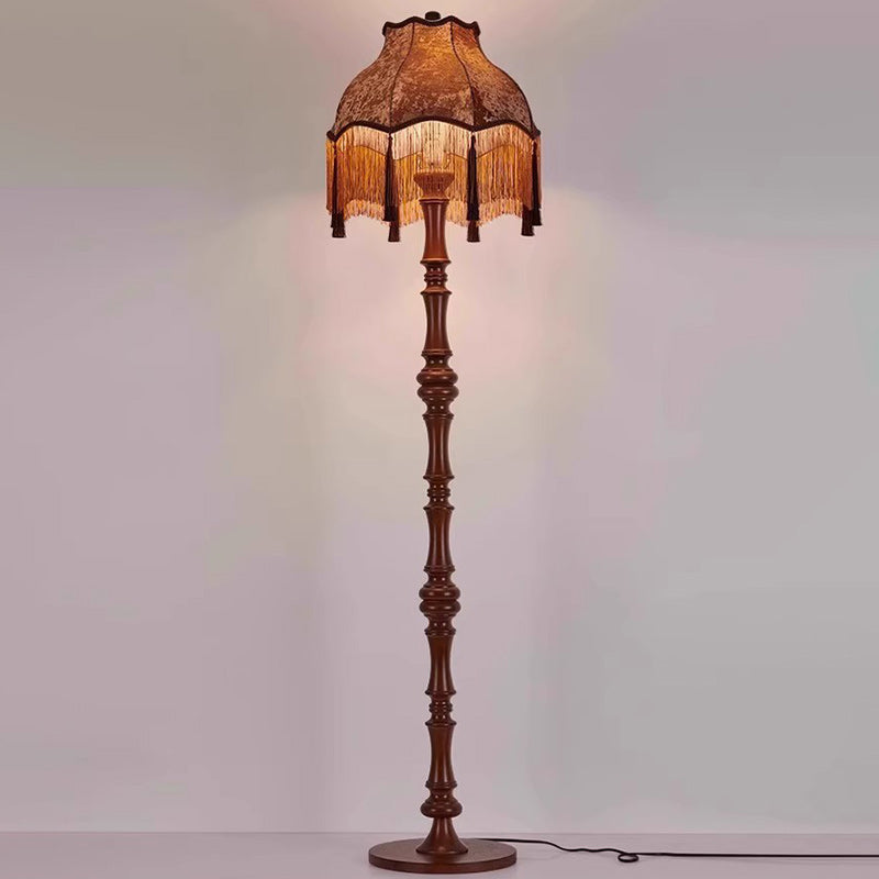 Traditional European Fabric Tassel Shade Solid Wood Rod 1-Light Standing Floor Lamp For Bedroom