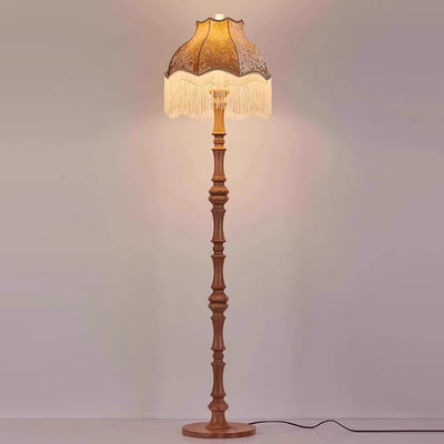 Traditional European Fabric Tassel Shade Solid Wood Rod 1-Light Standing Floor Lamp For Bedroom