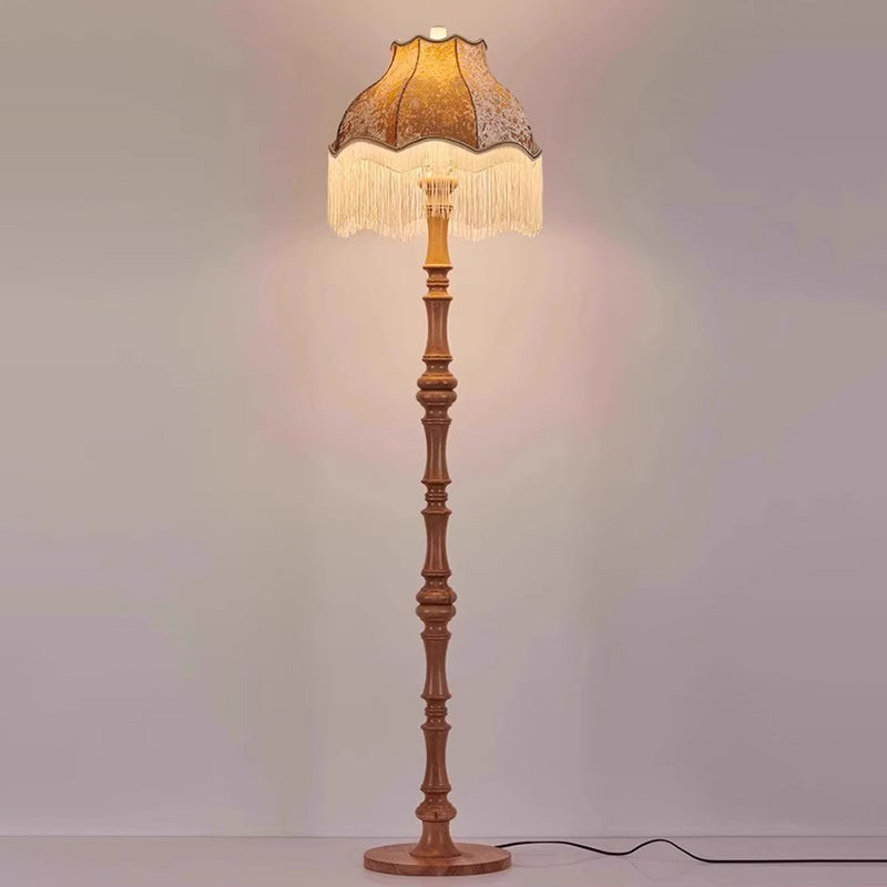 Traditional European Fabric Tassel Shade Solid Wood Rod 1-Light Standing Floor Lamp For Bedroom