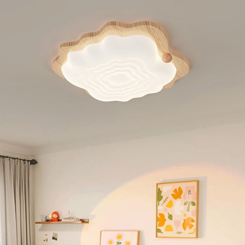 Traditional Japanese Imitation Wood Grain PVC Cloud Shade LED Flush Mount Ceiling Light For Living Room
