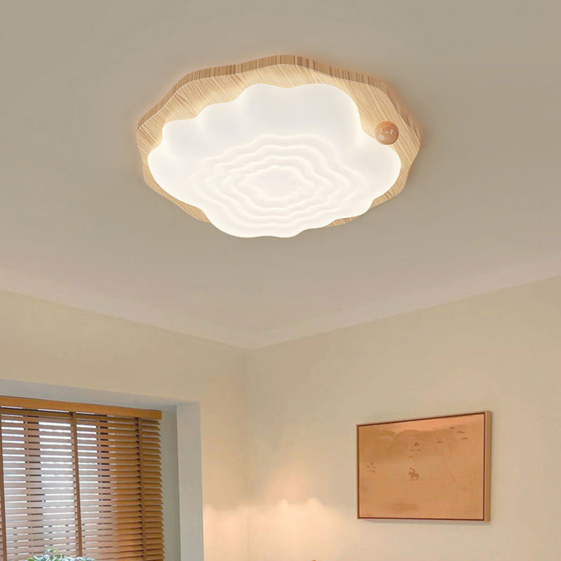 Traditional Japanese Imitation Wood Grain PVC Cloud Shade LED Flush Mount Ceiling Light For Living Room