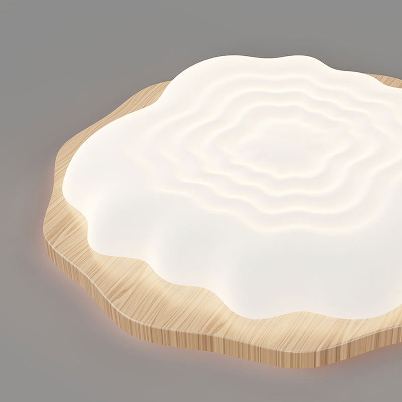Traditional Japanese Imitation Wood Grain PVC Cloud Shade LED Flush Mount Ceiling Light For Living Room