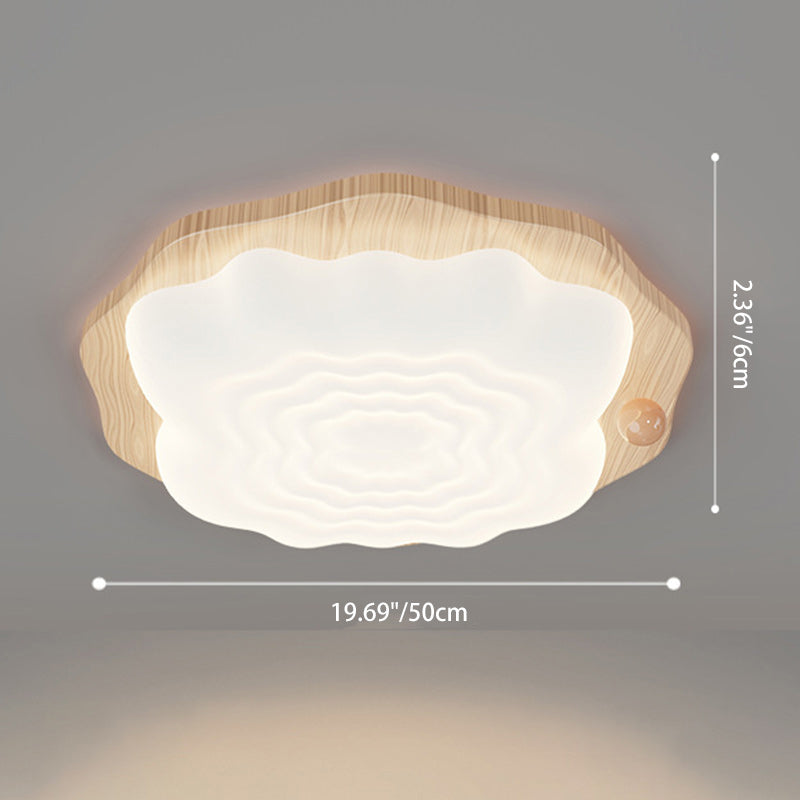 Traditional Japanese Imitation Wood Grain PVC Cloud Shade LED Flush Mount Ceiling Light For Living Room
