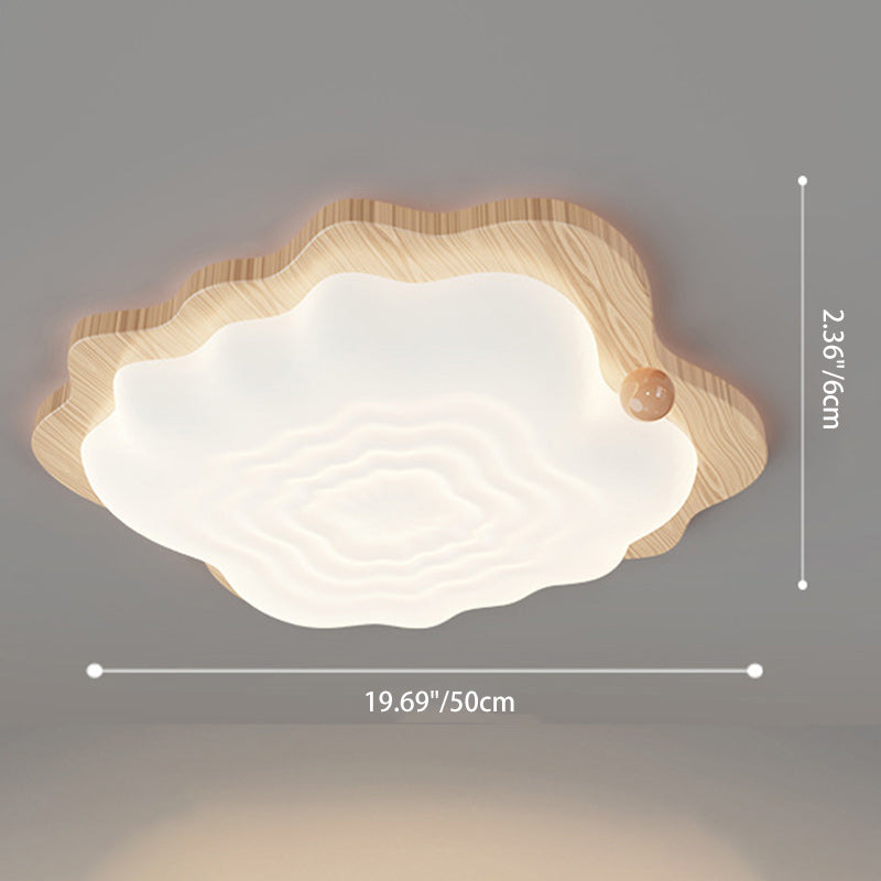 Traditional Japanese Imitation Wood Grain PVC Cloud Shade LED Flush Mount Ceiling Light For Living Room