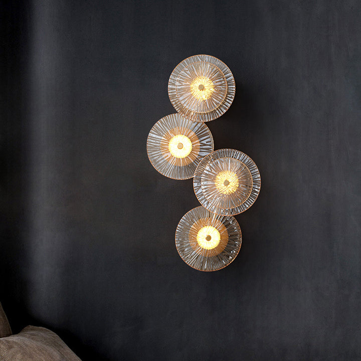 Applique murale LED de luxe contemporaine en laiton géométrique avec disque en verre et design feuille de lotus pour chambre 