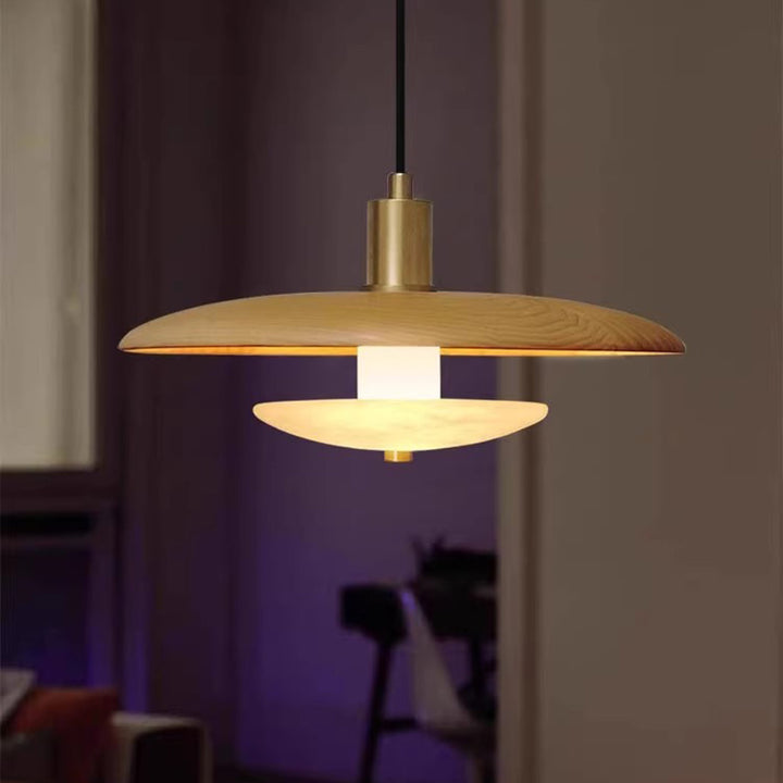 Moderno Minimalista Mármol Madera Maciza Platillo Volador Lámpara Colgante de 1 Luz Para Sala de Estar 
