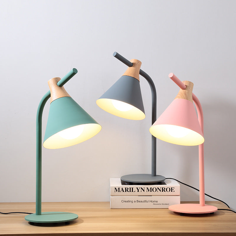 Contemporary Scandinavian Solid Wood Iron Conical Shade 1-Light Table Lamp For Bedroom
