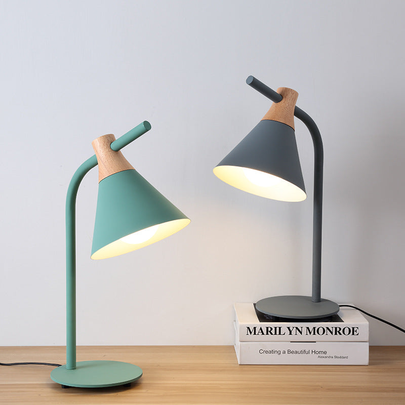 Contemporary Scandinavian Solid Wood Iron Conical Shade 1-Light Table Lamp For Bedroom