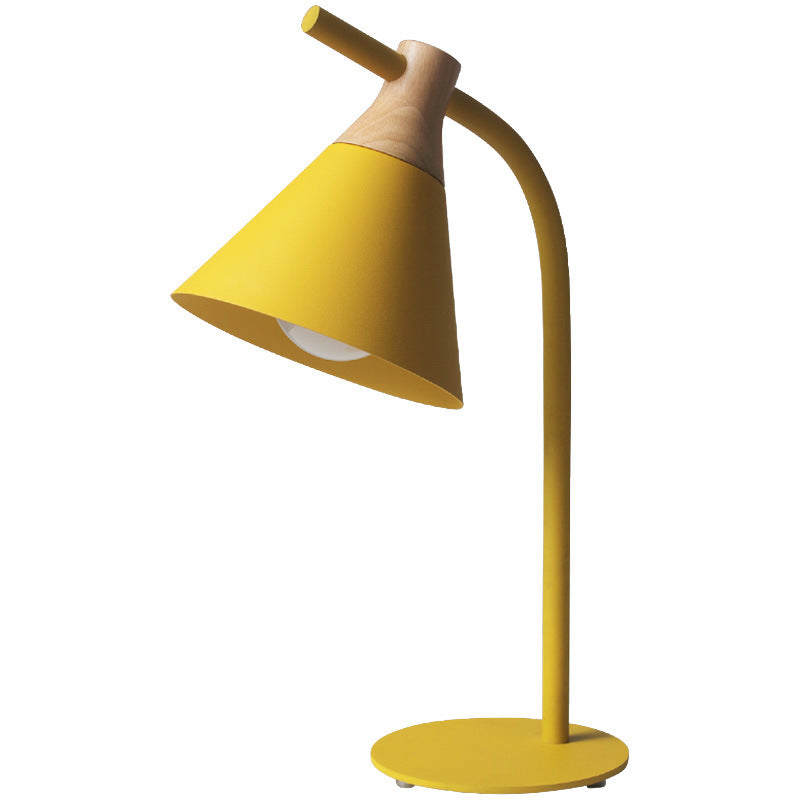 Contemporary Scandinavian Solid Wood Iron Conical Shade 1-Light Table Lamp For Bedroom