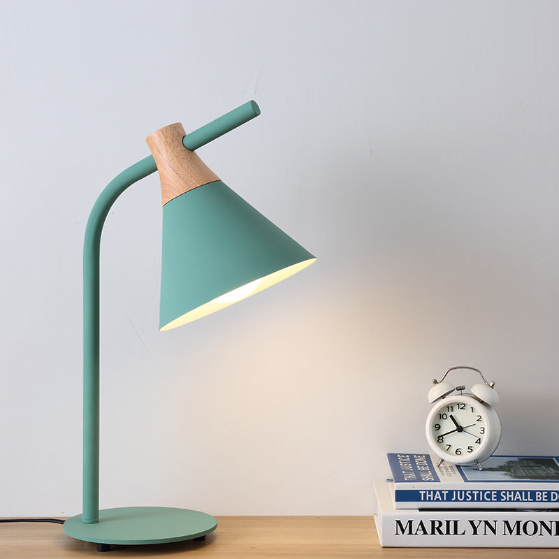 Contemporary Scandinavian Solid Wood Iron Conical Shade 1-Light Table Lamp For Bedroom