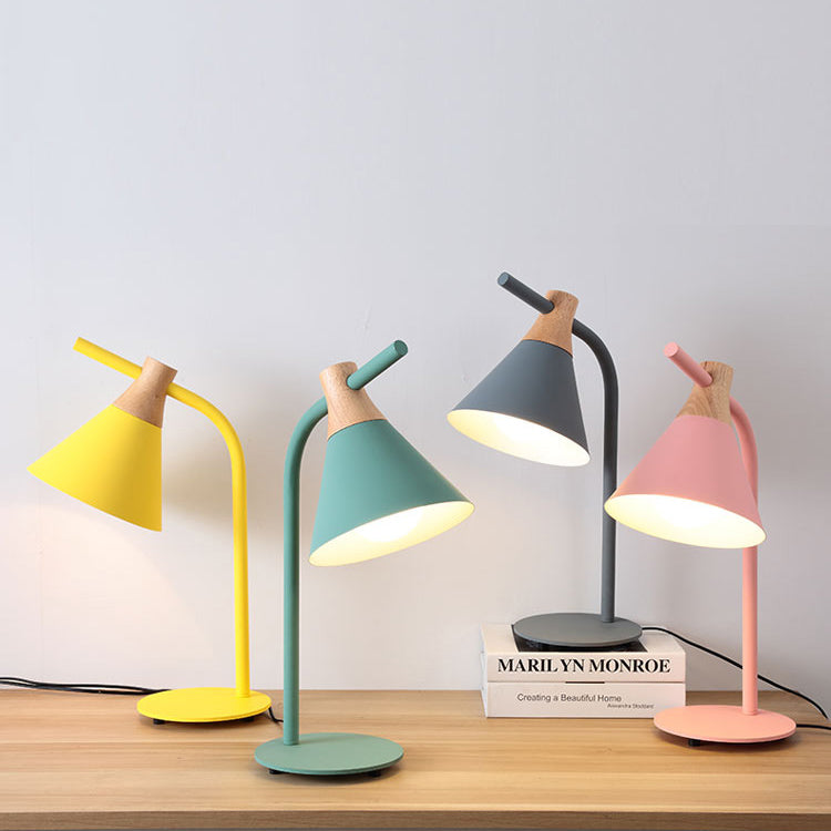 Contemporary Scandinavian Solid Wood Iron Conical Shade 1-Light Table Lamp For Bedroom