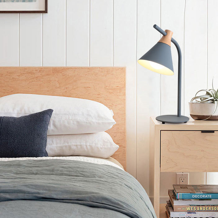 Contemporary Scandinavian Solid Wood Iron Conical Shade 1-Light Table Lamp For Bedroom