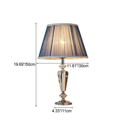 Traditional European Pleated Fabric Round Shade Crystal Base 1-Light Table Lamp For Bedroom