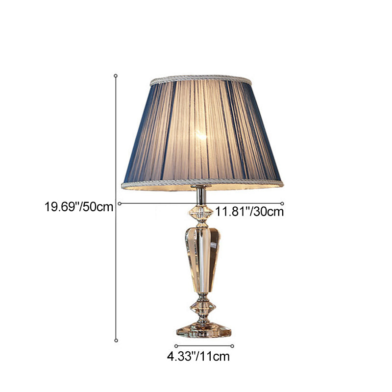 Traditional European Pleated Fabric Round Shade Crystal Base 1-Light Table Lamp For Bedroom