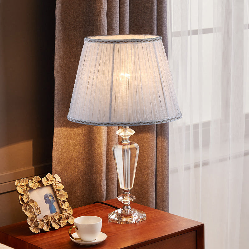 Traditional European Pleated Fabric Round Shade Crystal Base 1-Light Table Lamp For Bedroom