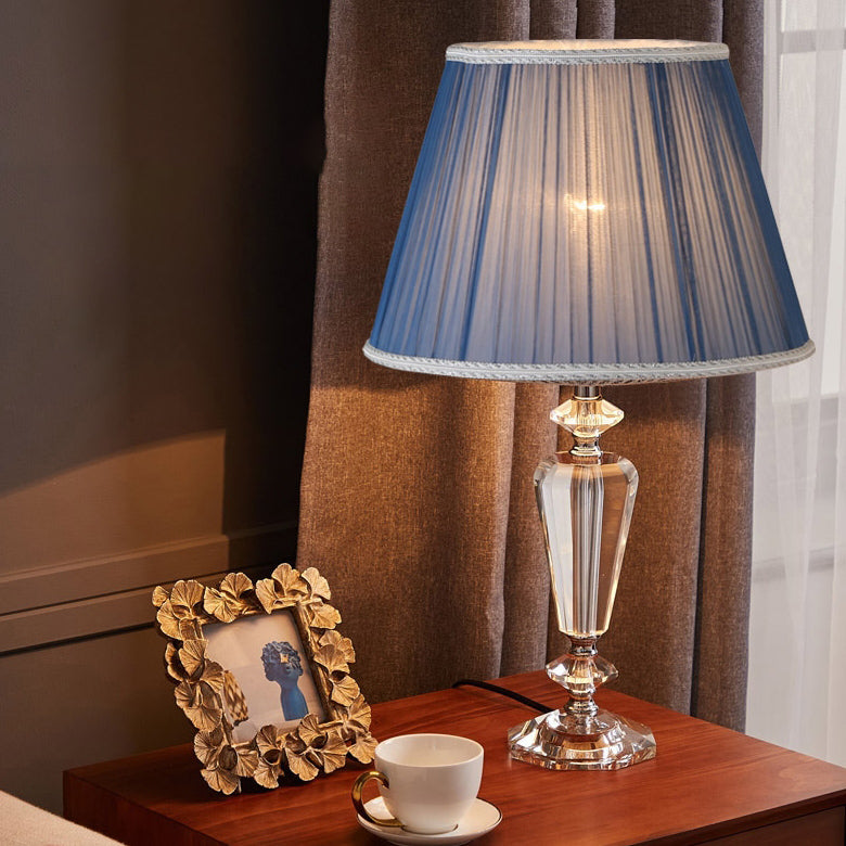 Traditional European Pleated Fabric Round Shade Crystal Base 1-Light Table Lamp For Bedroom