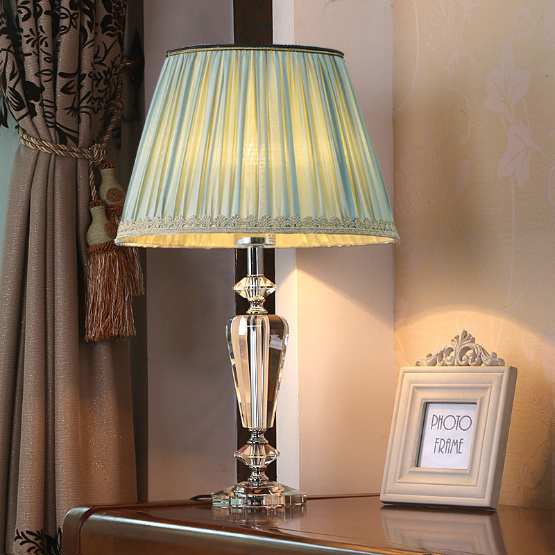 Traditional European Pleated Fabric Round Shade Crystal Base 1-Light Table Lamp For Bedroom