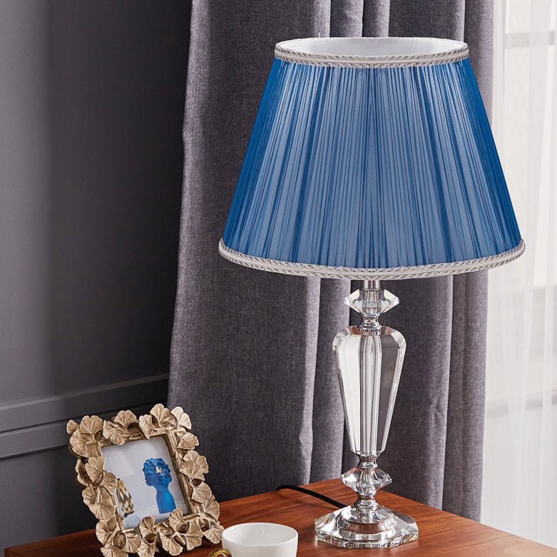 Traditional European Pleated Fabric Round Shade Crystal Base 1-Light Table Lamp For Bedroom