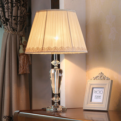 Traditional European Pleated Fabric Round Shade Crystal Base 1-Light Table Lamp For Bedroom