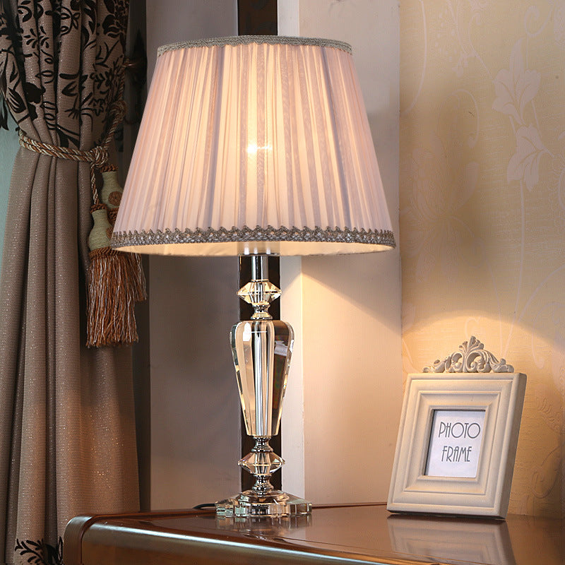 Traditional European Pleated Fabric Round Shade Crystal Base 1-Light Table Lamp For Bedroom
