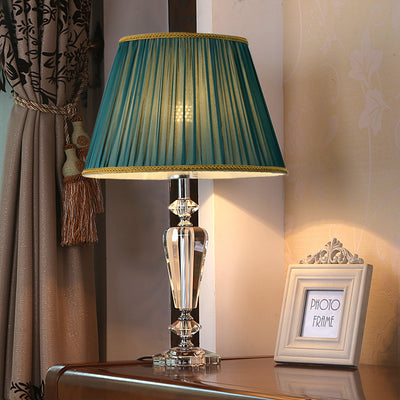 Traditional European Pleated Fabric Round Shade Crystal Base 1-Light Table Lamp For Bedroom