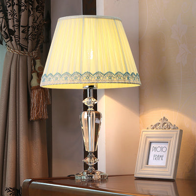 Traditional European Pleated Fabric Round Shade Crystal Base 1-Light Table Lamp For Bedroom