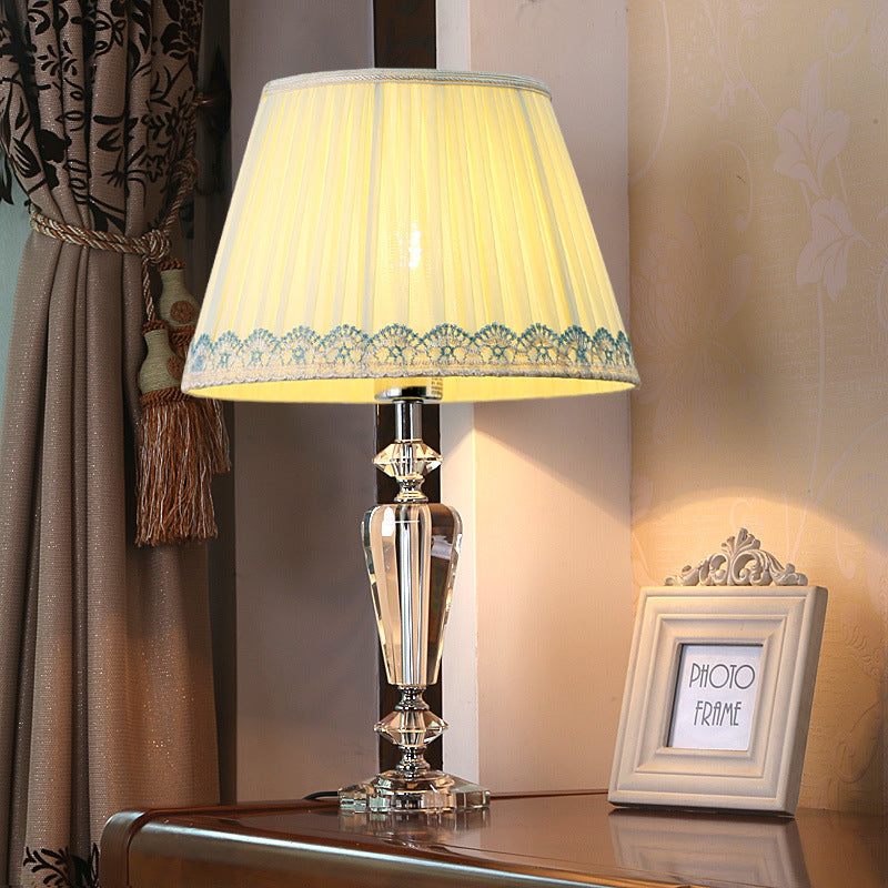 Traditional European Pleated Fabric Round Shade Crystal Base 1-Light Table Lamp For Bedroom