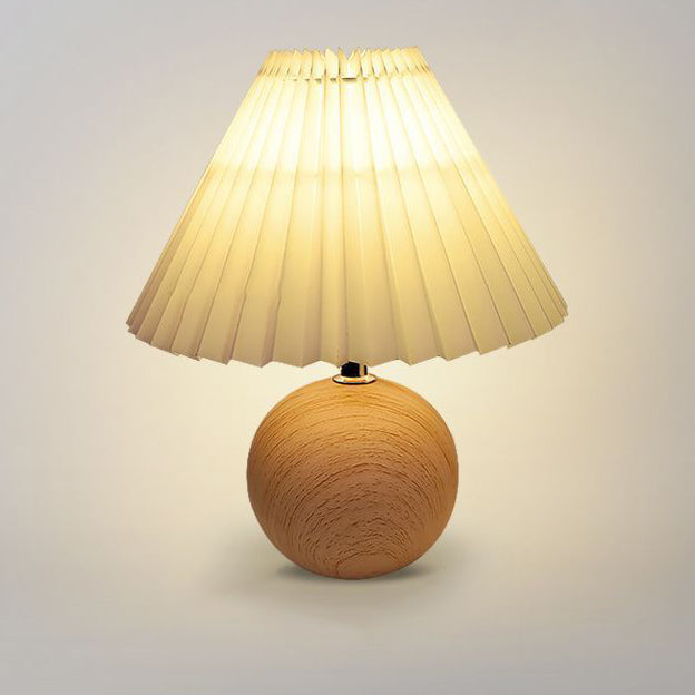 Contemporary Retro Pleated Fabric Conical Shade Walnut Wood Grain Base 1-Light Table Lamp For Bedroom