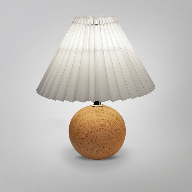 Contemporary Retro Pleated Fabric Conical Shade Walnut Wood Grain Base 1-Light Table Lamp For Bedroom