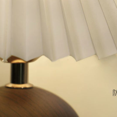 Contemporary Retro Pleated Fabric Conical Shade Walnut Wood Grain Base 1-Light Table Lamp For Bedroom