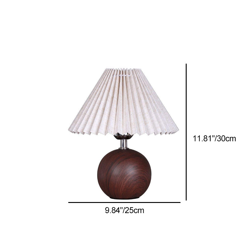 Contemporary Retro Pleated Fabric Conical Shade Walnut Wood Grain Base 1-Light Table Lamp For Bedroom