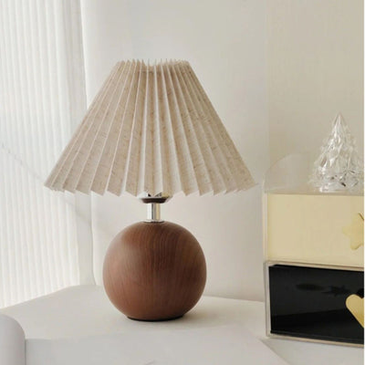 Contemporary Retro Pleated Fabric Conical Shade Walnut Wood Grain Base 1-Light Table Lamp For Bedroom