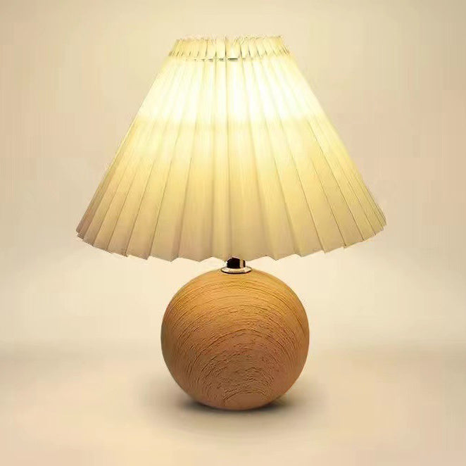 Contemporary Retro Pleated Fabric Conical Shade Walnut Wood Grain Base 1-Light Table Lamp For Bedroom