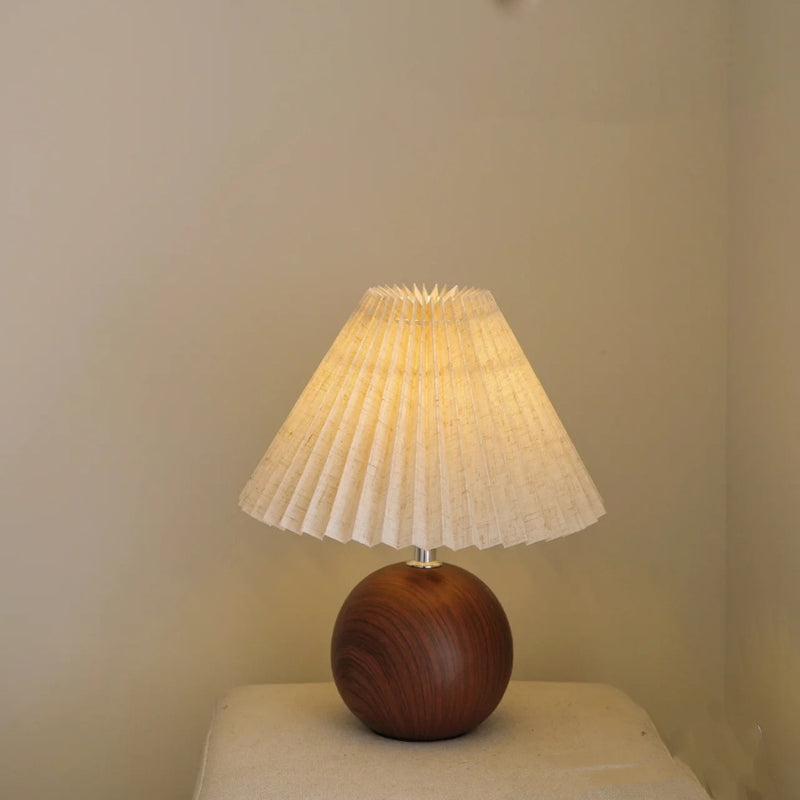 Contemporary Retro Pleated Fabric Conical Shade Walnut Wood Grain Base 1-Light Table Lamp For Bedroom