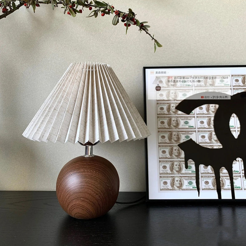 Contemporary Retro Pleated Fabric Conical Shade Walnut Wood Grain Base 1-Light Table Lamp For Bedroom