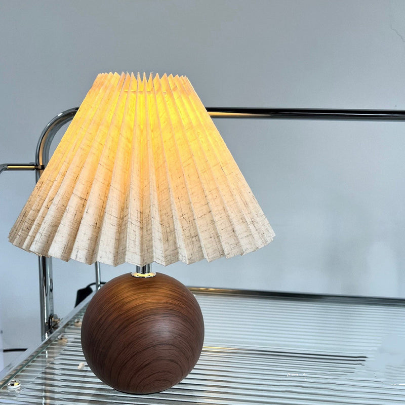 Contemporary Retro Pleated Fabric Conical Shade Walnut Wood Grain Base 1-Light Table Lamp For Bedroom