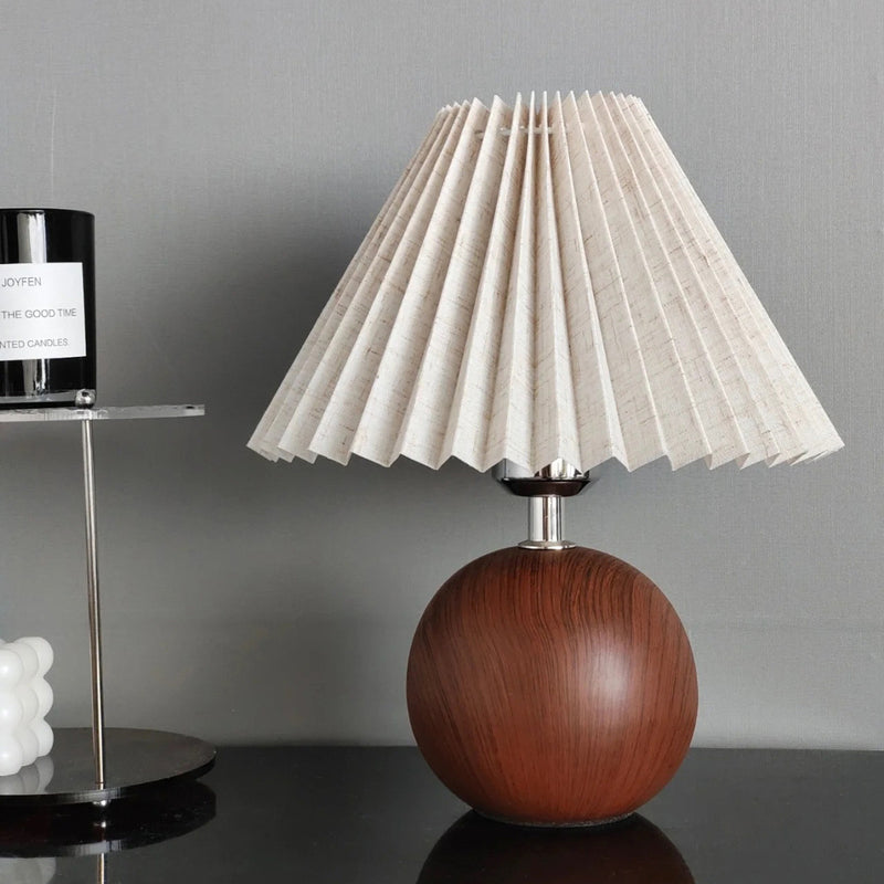 Contemporary Retro Pleated Fabric Conical Shade Walnut Wood Grain Base 1-Light Table Lamp For Bedroom