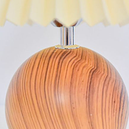 Contemporary Retro Pleated Fabric Conical Shade Walnut Wood Grain Base 1-Light Table Lamp For Bedroom