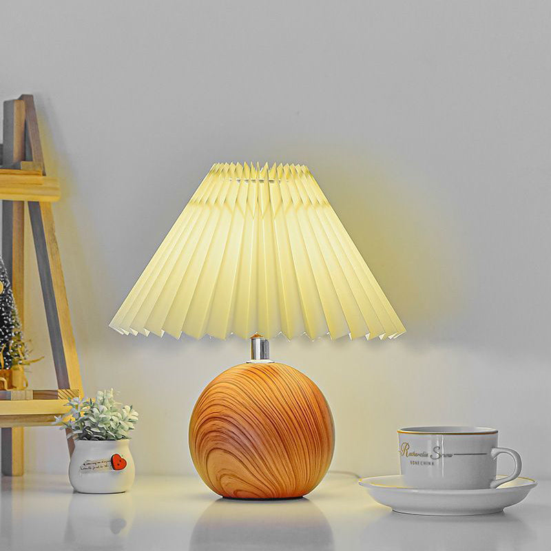 Contemporary Retro Pleated Fabric Conical Shade Walnut Wood Grain Base 1-Light Table Lamp For Bedroom