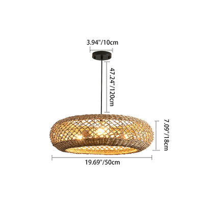 Traditional Farmhouse Rattan Weaving Round Cage Iron 3-Light Pendant Light For Living Room