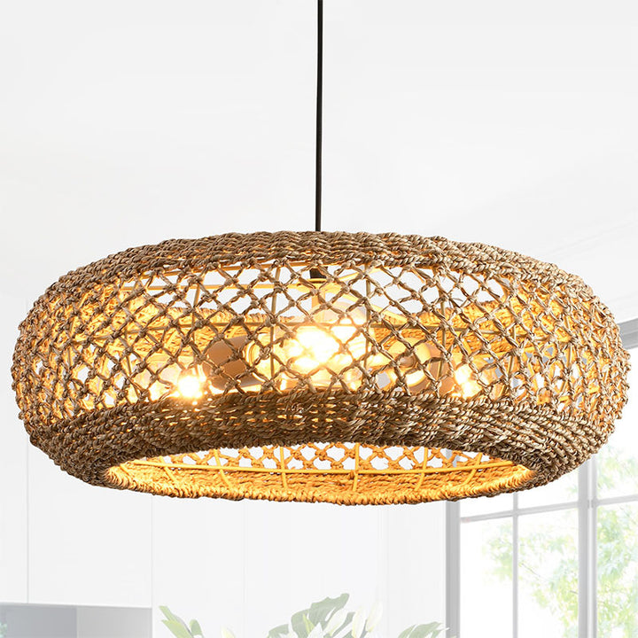 Traditionelle Bauernhaus Rattan Weberei Runde Käfig Eisen 3-Licht Pendelleuchte für Wohnzimmer 