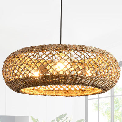 Traditional Farmhouse Rattan Weaving Round Cage Iron 3-Light Pendant Light For Living Room