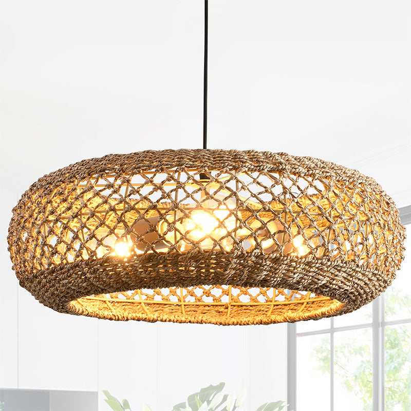 Traditional Farmhouse Rattan Weaving Round Cage Iron 3-Light Pendant Light For Living Room