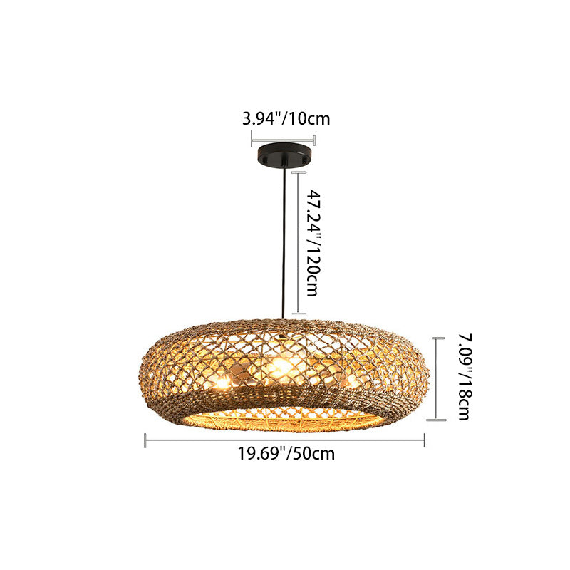 Traditional Farmhouse Rattan Weaving Round Cage Iron 3-Light Pendant Light For Living Room